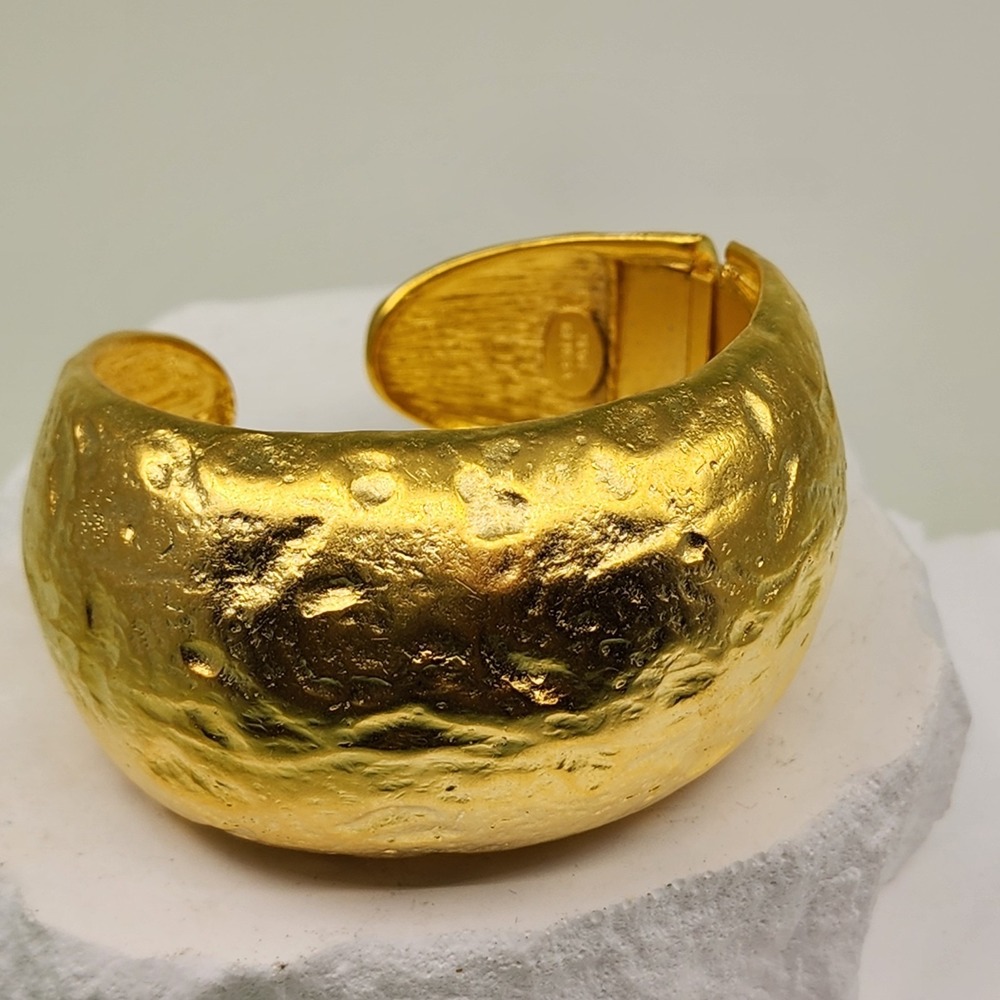Kenneth J Lane Gold Tone Hammered Wide Hinged Clamper Cuff Statement Bracelet